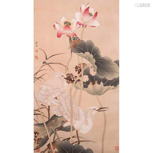 Chinese Lotus And Double Egrets Painting, Ink And Color On S...