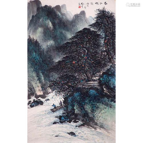 Chinese Landscape Painting, Ink And Color On Paper, Hanging ...