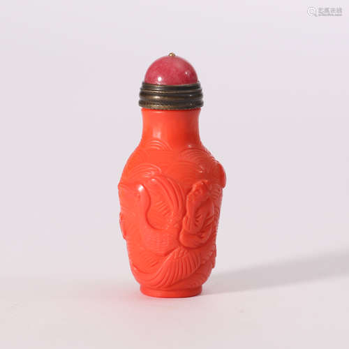 Coral Red Glass Carved Immortals Sniff Bottle