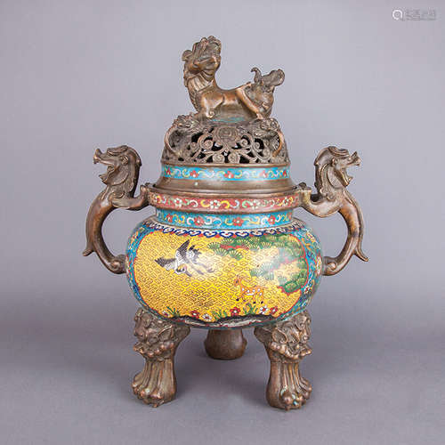 Cloisonne Enamel Mythical-Beast-Ear Tripod Censer