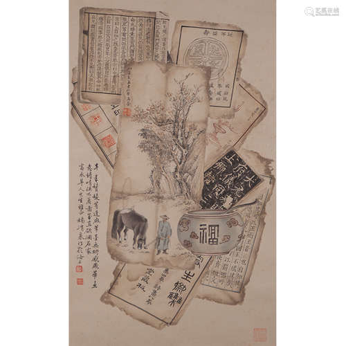 Chinese Eight Brokens Painting, Ink And Color On Silk, Hangi...