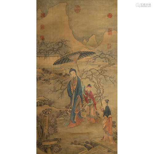 Chinese Figure Painting, Ink And Color On Silk, Hanging Scro...