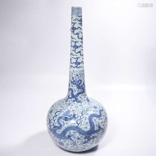 Blue And White Dragon And Flower Long-Neck Vase