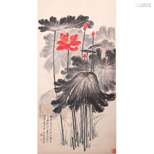 Chinese Lotus Painting, Ink And Color On Paper, Hanging Scro...