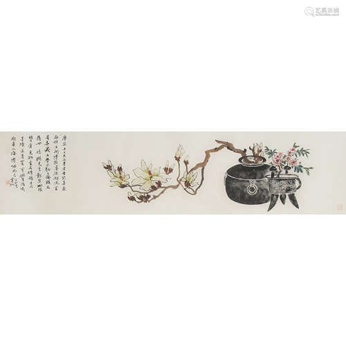 Chinese Antiques And Floral Painting, Ink And Color On Paper...