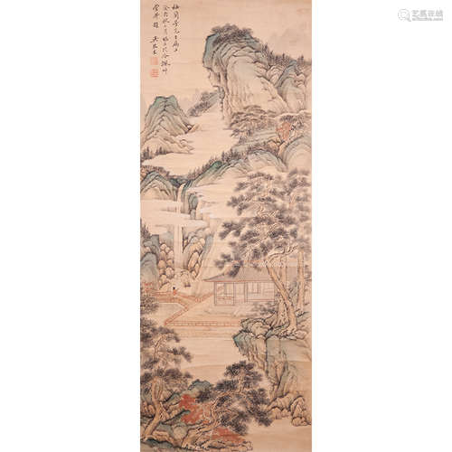 Chinese Waterfall Painting, Ink And Color On Silk, Hanging S...