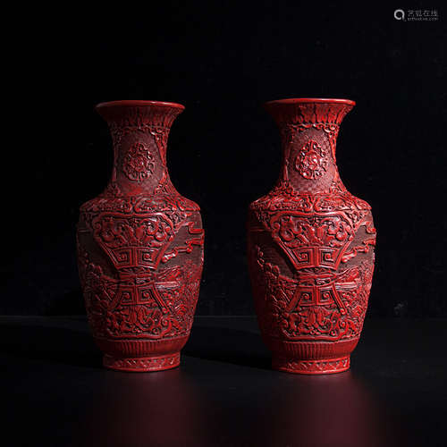 A Pair Of Carved Lacquer Landscape Vases