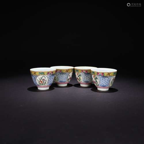 A Set Of Blue And White Panel Famille Rose Bats And Shou Cup...