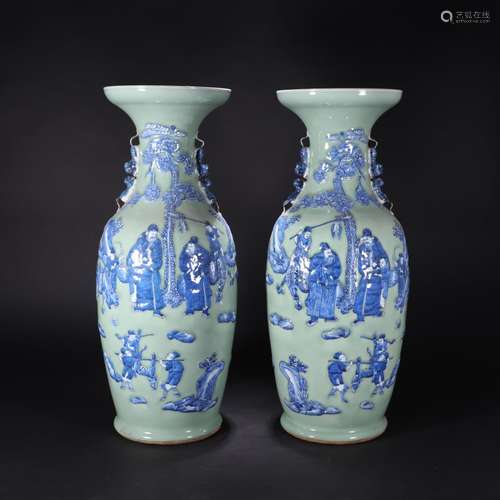 A Pair Of Celadon Blue And White Figure And Story Vases