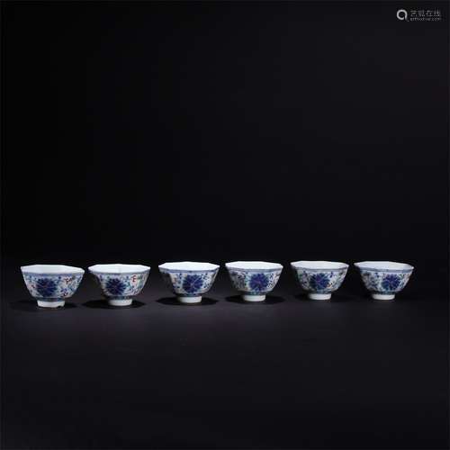 A Set Of Blue And White Doucai Interlocking Floral Cups