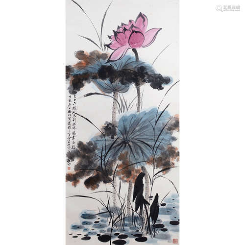 Chinese Lotus Painting, Ink And Color On Paper, Hanging Scro...