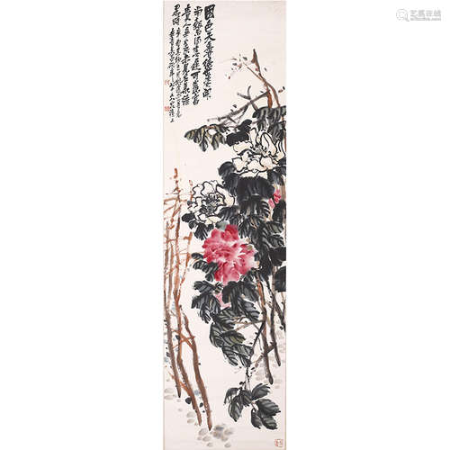 Chinese Flower Painting, Ink And Color On Paper, Hanging Scr...