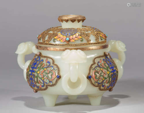 Cloisonne Enamel White Jade Censer