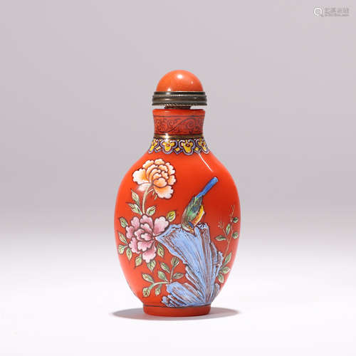 Coral Red Glass Falang Flower And Bird Sniff Bottle