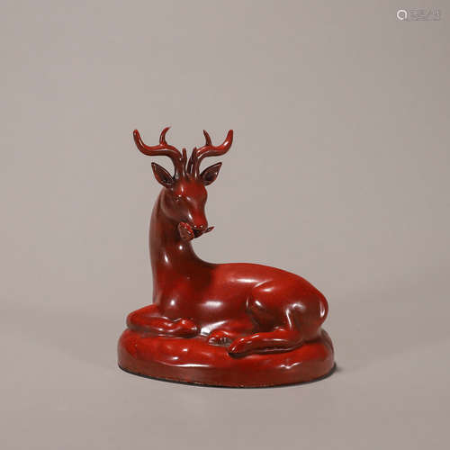 Red Glaze Deer Perching Lingzhi Ornament