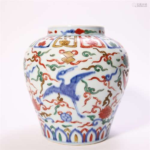 Blue And White Wucai Eight Treasures Phoenix Jar