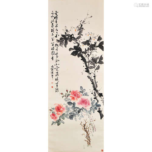 Chinese Flower Painting, Ink Ad Color On Paper, Hanging Scro...