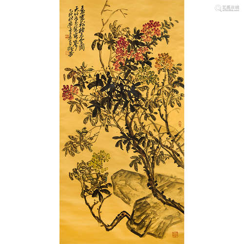 Chinese Flower Painting, Ink And Color On Paper, Hanging Scr...