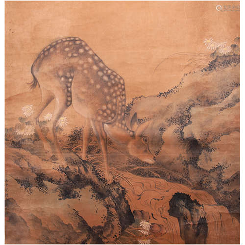 Chinese Deer Painting, Ink And Color On Damask Silk, Hanging...