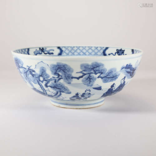 Blue And White Figure And Story Inscribed Bowl