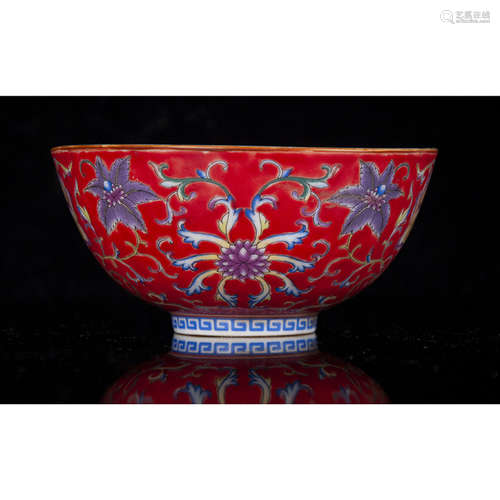 Red Ground Famille Rose Floral Interlocking Bowl