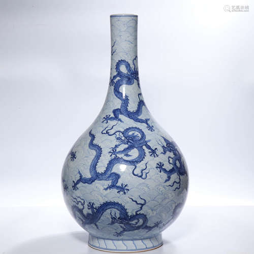 Blue And White Dragon In Waves Vase