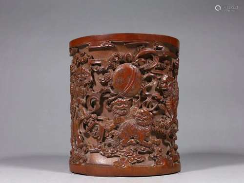 Carved Bamboo Lion Playing Ball Brush Pot