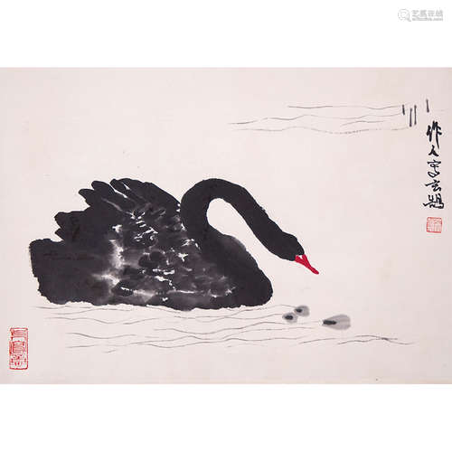 Chinese Black Swan Painting, Ink And Color On Paper, Hanging...