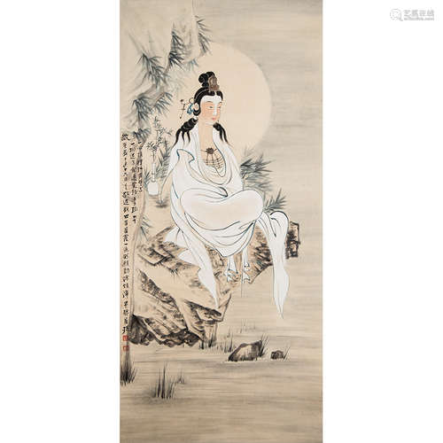 Chinese Avalokitesvara Painting, Ink And Color On Paper, Han...