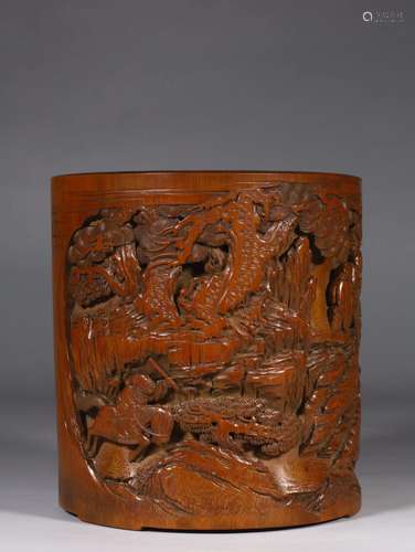 Carved Bamboo Figure And Story Brush Pot