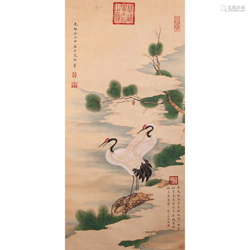 Chinese Crane And Pine Painting, Ink And Color On Silk, Empr...