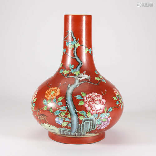 Coral Red Glaze Famille Rose Flower And Bird Bottle Vase