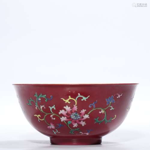 Rouge Red Ground Famille Rose Floral Bowl