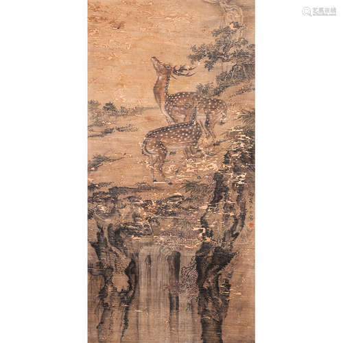 Chinese Double-Deers Painting, Ink And Color On Silk, Hangin...