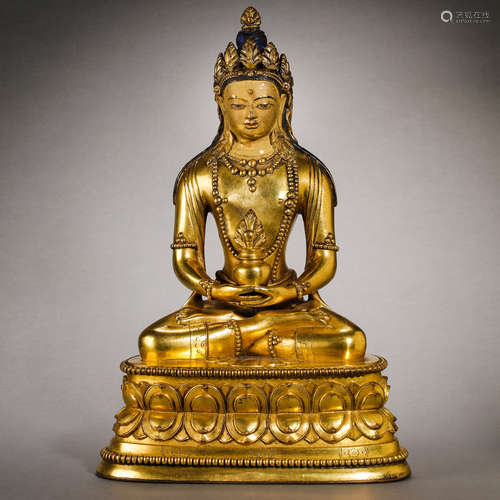 CHINESE QING DYNASTY GILT BRONZE SEATED BUDDHA STATUE