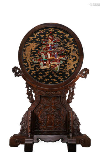 CHINESE QING DYNASTY COURT RED SANDALWOOD INLAID DUOBAO SCRE...