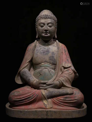 CHINESE MING DYNASTY PAINTED STONE BUDDHA