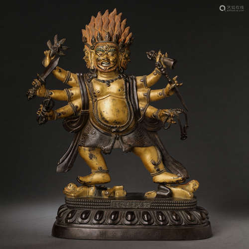 CHINESE QING DYNASTY GILT BRONZE SIX-PIN BUDDHA SEATED STATU...