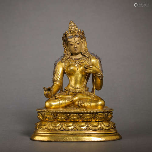 CHINESE QING DYNASTY GILT BRONZE SEATED BUDDHA STATUE