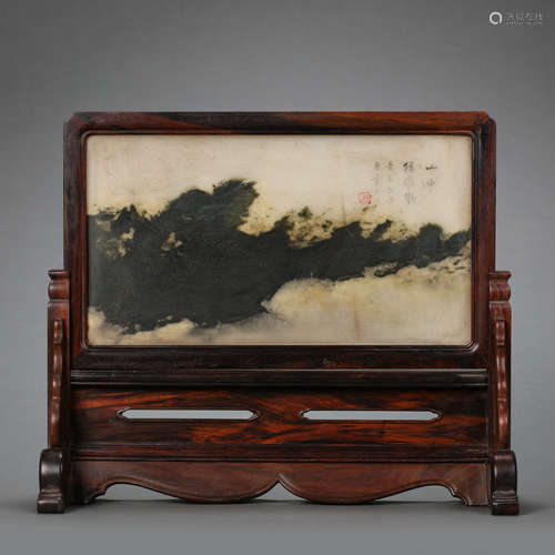 CHINESE QING DYNASTY MAHOGANY INLAID MARBLE SCREEN