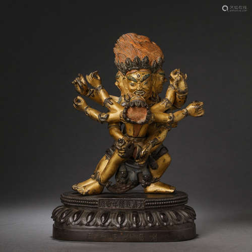 CHINESE QING DYNASTY GILT BRONZE SIX-PIN BUDDHA SEATED STATU...