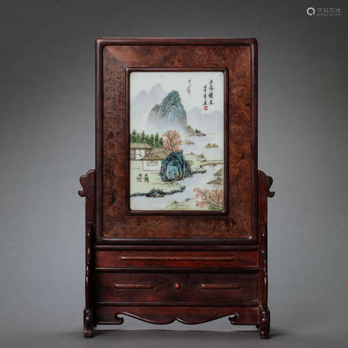 20TH CENTURY CHINESE RED SANDALWOOD INLAID PORCELAIN PANEL S...