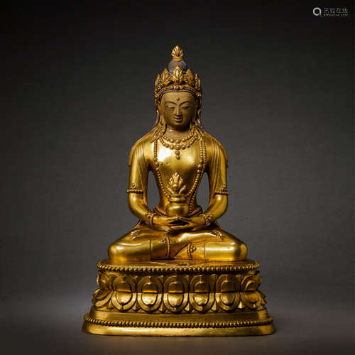 CHINESE QING DYNASTY GILT BRONZE SEATED BUDDHA STATUE