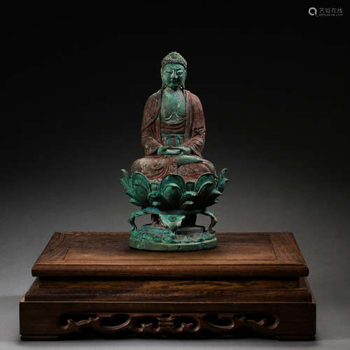 CHINESE LIAO DYNASTY PAINTED BRONZE SEATED BUDDHA STATUE