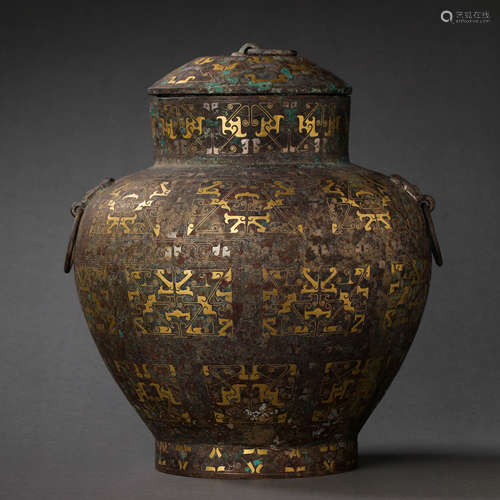 CHINESE HAN DYNASTY BRONZE JAR WITH GOLD AND SILVER LID