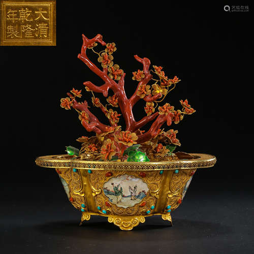 CHINESE QING DYNASTY QIANLONG PERIOD PURE GOLD FILIGREE ENAM...