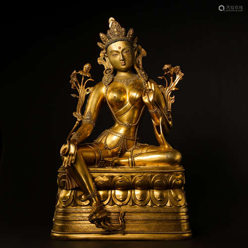 CHINESE QING DYNASTY GILT BRONZE SEATED BUDDHA STATUE