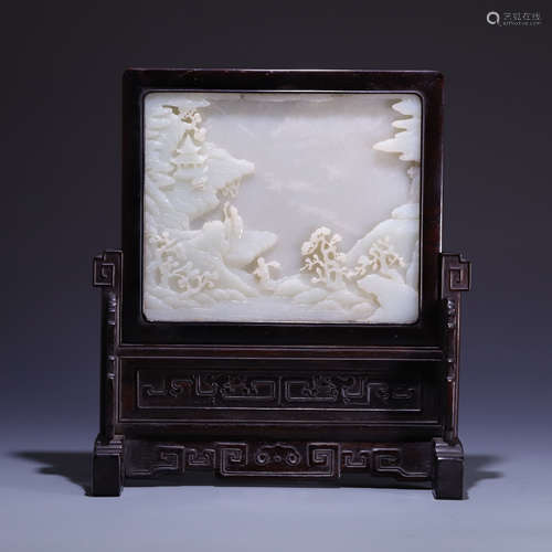 CHINESE QING DYNASTY RED SANDALWOOD INLAID HETIAN JADE SCREE...