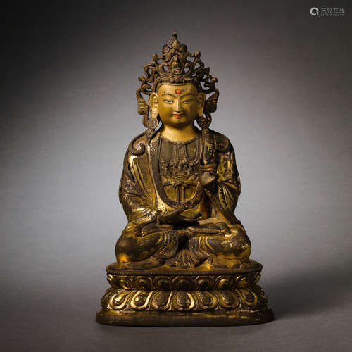 CHINESE QING DYNASTY GILT BRONZE SEATED BUDDHA STATUE