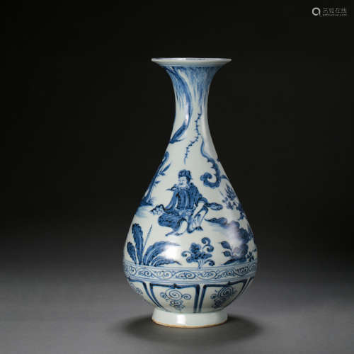 CHINESE YUAN DYNASTY BLUE AND WHITE FIGURE SPRING BOTTLE